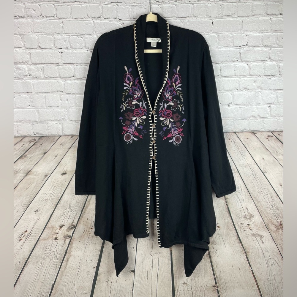 CJ Banks Size 1X Floral Crochet Detail Handkerchief Hem Cardigan Sweater LKNW